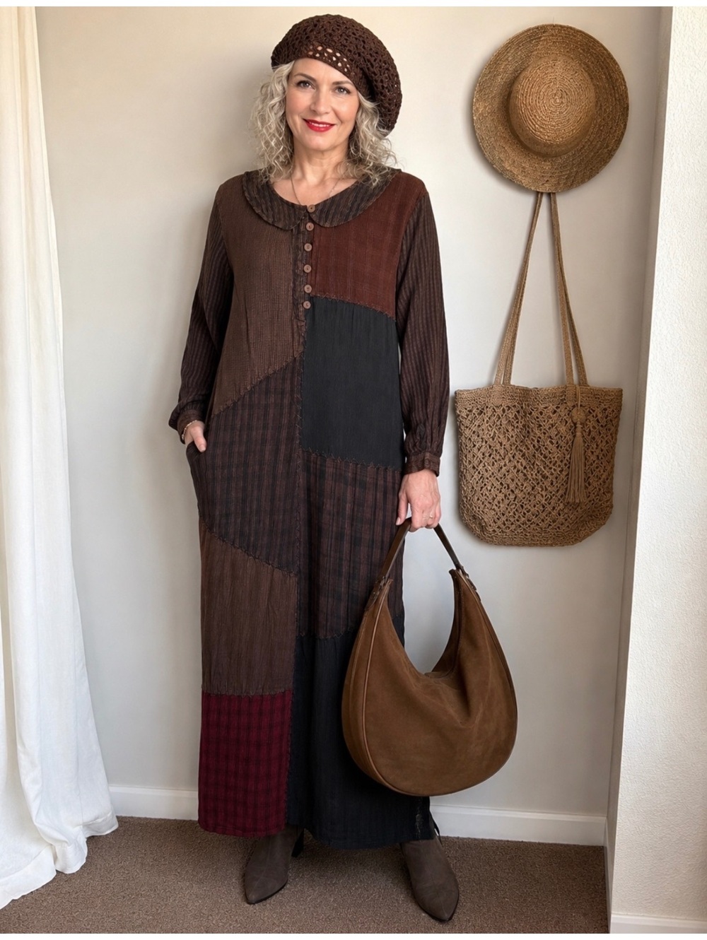 Sacred Threads Women’s Patchwork Boho Maxi Dress M/L Rayon Brown Black Burgundy